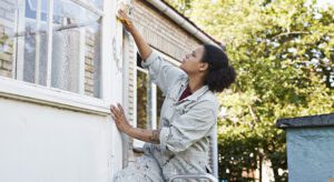 A woman is painting the outside of her house.