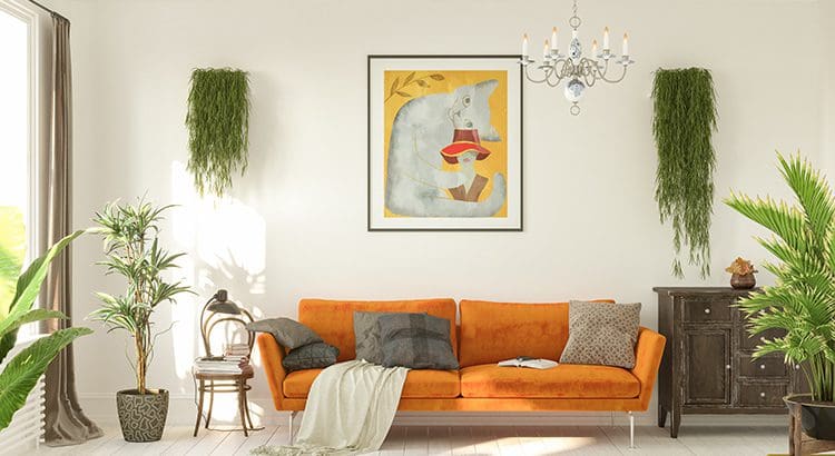 A painting of an elephant with a hat on it's head.