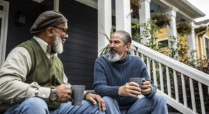 Two men sitting on a porch with coffee cups.