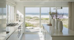 A kitchen with a view of the beach