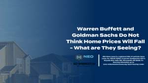 A blue and white image of a house with the words " warren buffett goldman sachs think home price ".