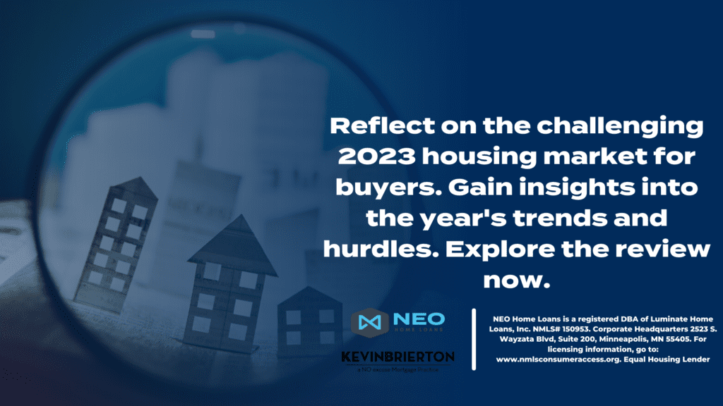 A blue and white poster with houses in the background.