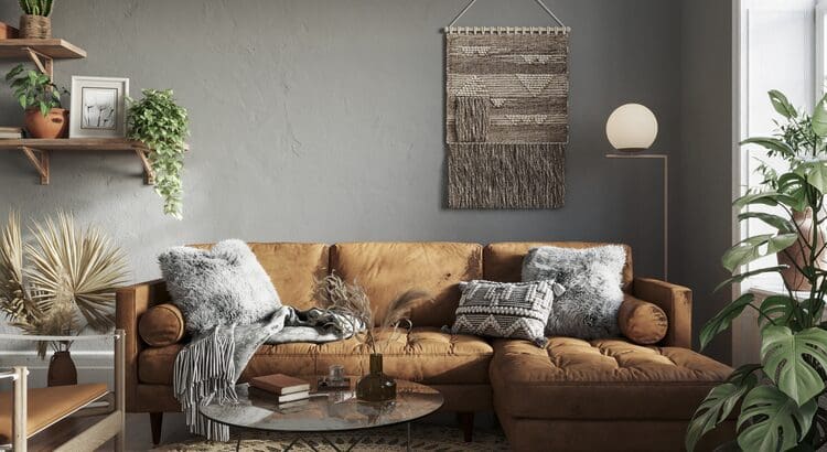 A living room with brown couch and pillows