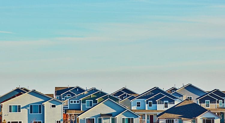 A row of houses with blue roofs in the background.