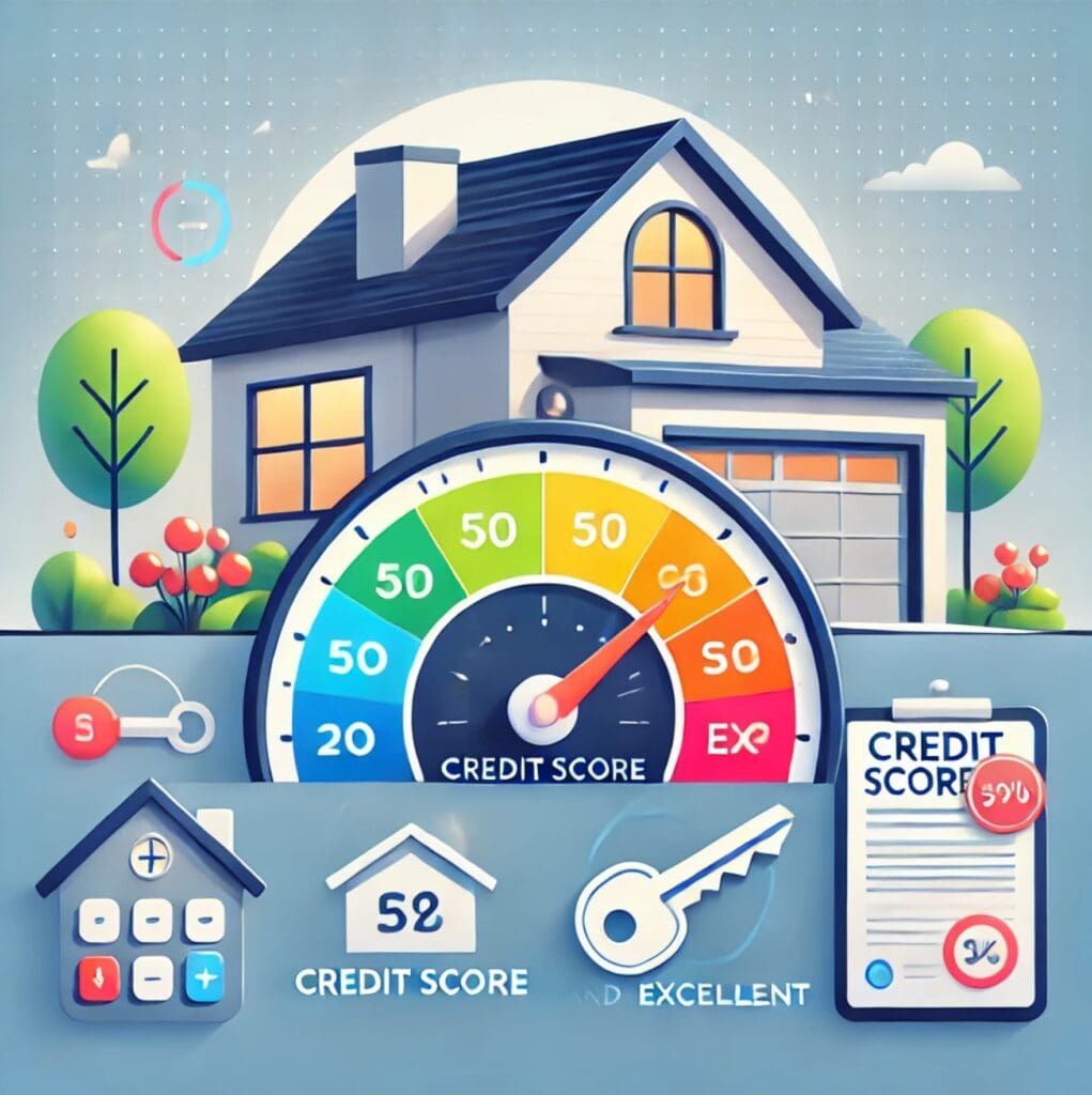 House with credit score gauge illustration.