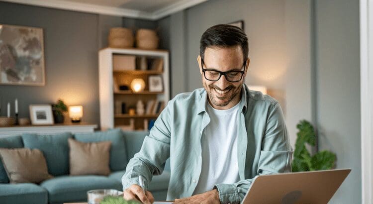 Man smiling while working on laptop.