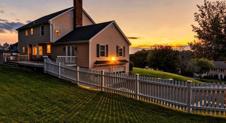 House with picket fence at sunset.