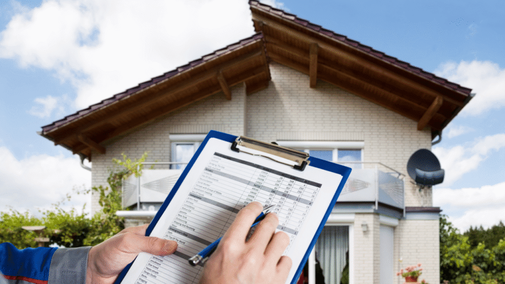 Person inspecting house with checklist clipboard.
