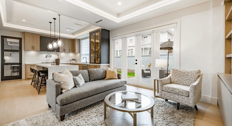 Modern open-concept living room and kitchen.