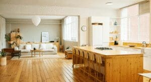 Open-concept kitchen and living room space.