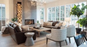 Modern living room with fireplace and seating.