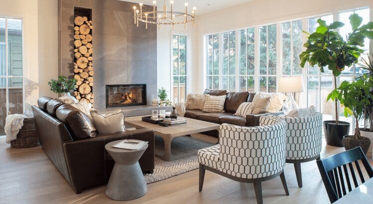 Modern living room with fireplace and seating.
