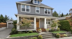 Two-story gray house with front porch