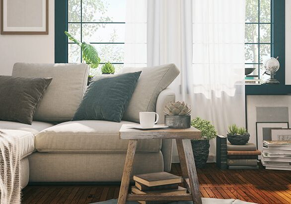 Picture of a domestic sofa in the living room. Render image.