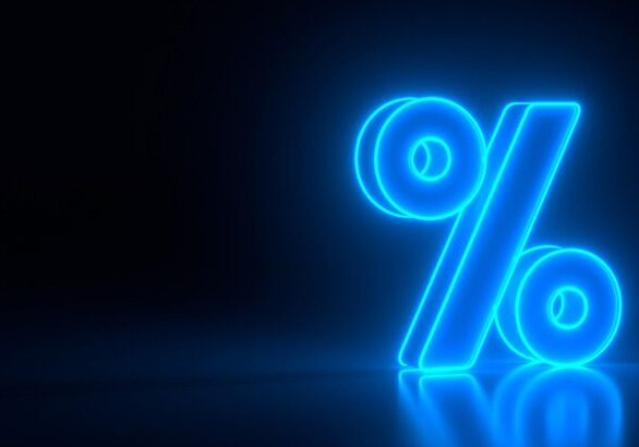 Glowing blue percent symbol on black dark background. Seasonal sales and discounts. Discount, sale sign, neon lights. Business colorful concept. 3d rendering.